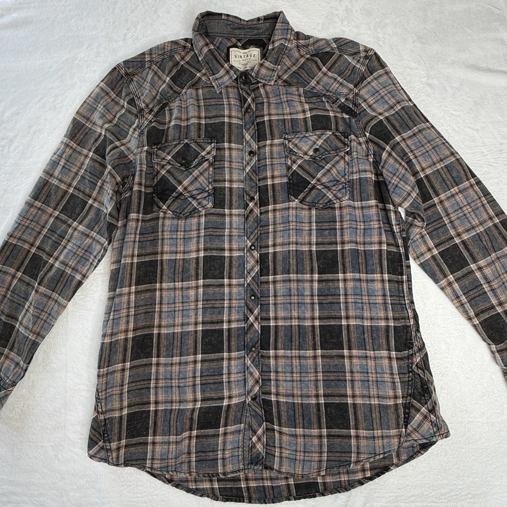 BKE Vintage 1967 Plaid Flannel Snap Shirt Mens 2XL Long Sleeve Western Grunge